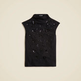 Stretch cotton-blend mockneck with floral embellishment