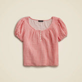 Puff-sleeve henley in striped gauze