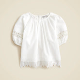 Girls' crochet-trim puff-sleeve top in cotton poplin