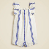 Girls' flutter-sleeve romper in striped cotton-blend dobby