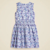 Girls' smocked-waist dress in lavender vines block print