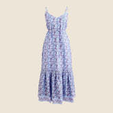 Tiered tie-waist dress in dusty periwinkle block print
