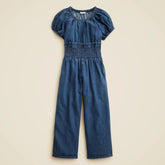 Girls' smocked-waist jumpsuit in drapey denim