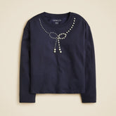 Girls' long-sleeve embellished bow T-shirt with pearls