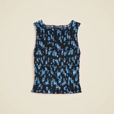 Smocked shell tank top in blurry floral crepe de chine