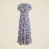 Short-sleeve slip dress in indigo daisy print