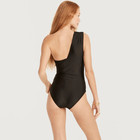Long-torso ruched one-shoulder one-piece