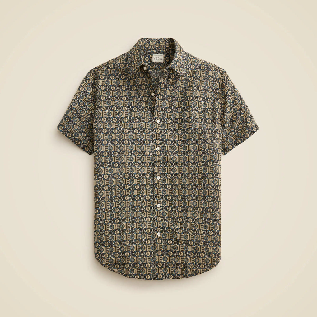 Short-sleeve slub cotton-linen blend camp-collar shirt in print