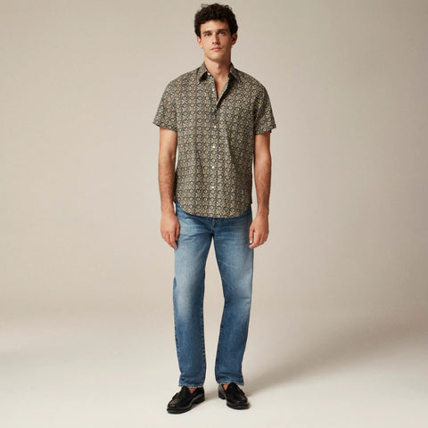 Short-sleeve slub cotton-linen blend camp-collar shirt in print