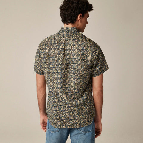 Short-sleeve slub cotton-linen blend camp-collar shirt in print