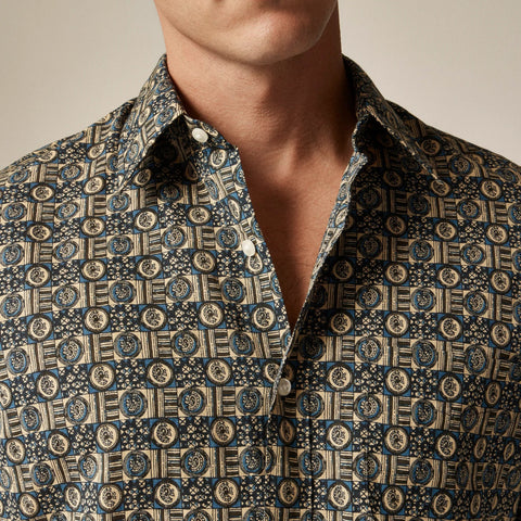 Short-sleeve slub cotton-linen blend camp-collar shirt in print