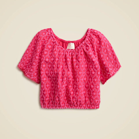 Girls' gathered top in eyelet