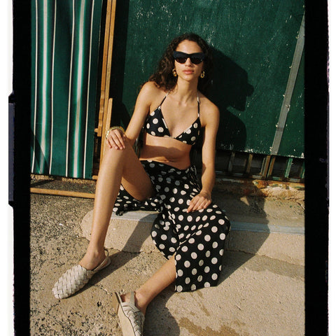 String bikini top in reversible dot-stripe print