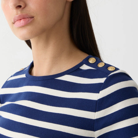 Perfect-fit elbow-sleeve T-shirt in stripe with gold buttons