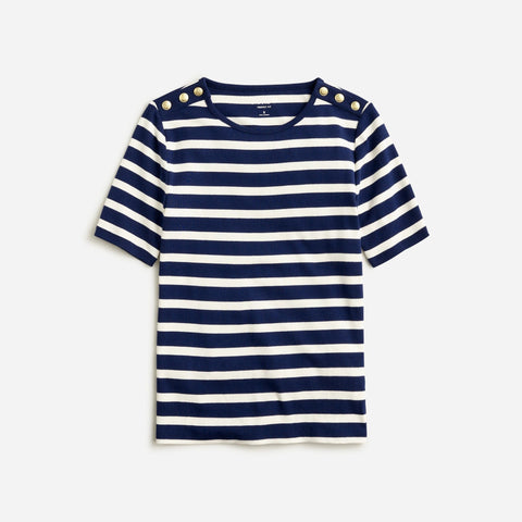 Perfect-fit elbow-sleeve T-shirt in stripe with gold buttons