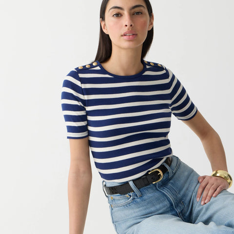 Perfect-fit elbow-sleeve T-shirt in stripe with gold buttons