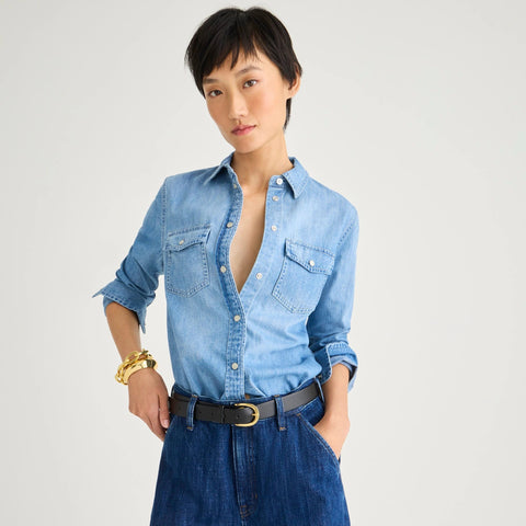 Petite Wren slim western shirt in light wash chambray