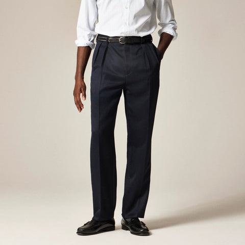 Relaxed-fit double-pleated trouser in Italian wool cavalry twill
