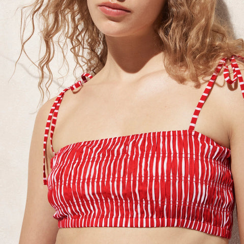 Smocked tie-shoulder top in striped cotton voile