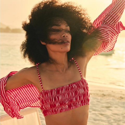 Smocked tie-shoulder top in striped cotton voile