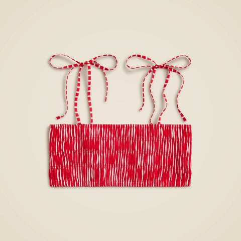 Smocked tie-shoulder top in striped cotton voile