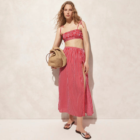 Smocked tie-shoulder top in striped cotton voile