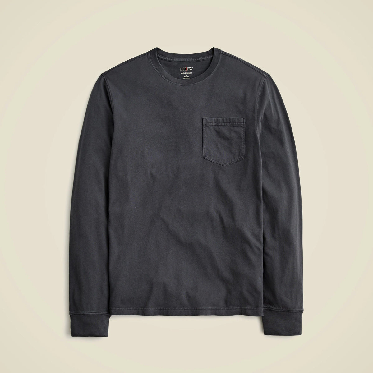 Long-sleeve vintage-wash cotton pocket T-shirt