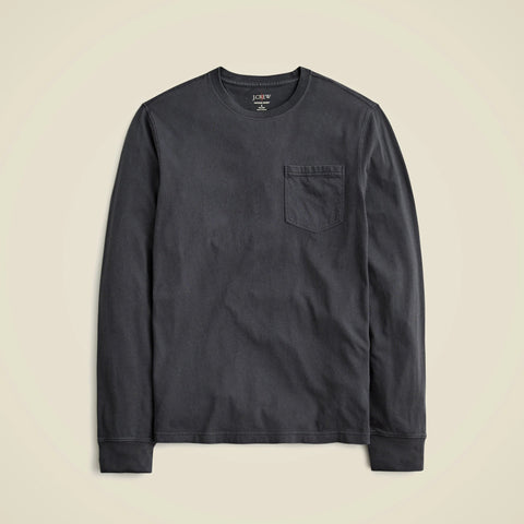 Long-sleeve vintage-wash cotton pocket T-shirt