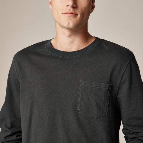 Long-sleeve vintage-wash cotton pocket T-shirt