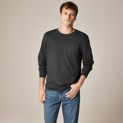 Long-sleeve vintage-wash cotton pocket T-shirt