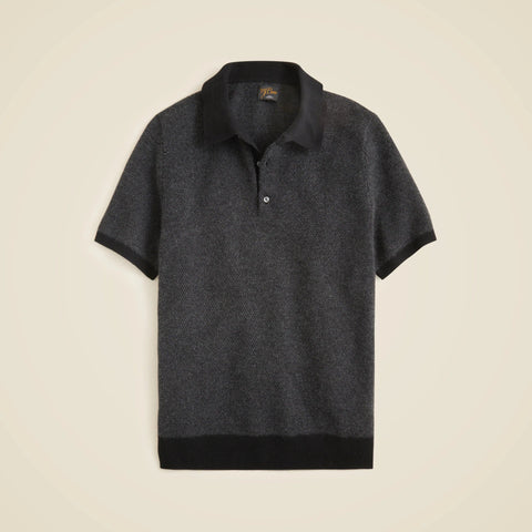 Short-sleeve cashmere sweater-polo in bird's-eye