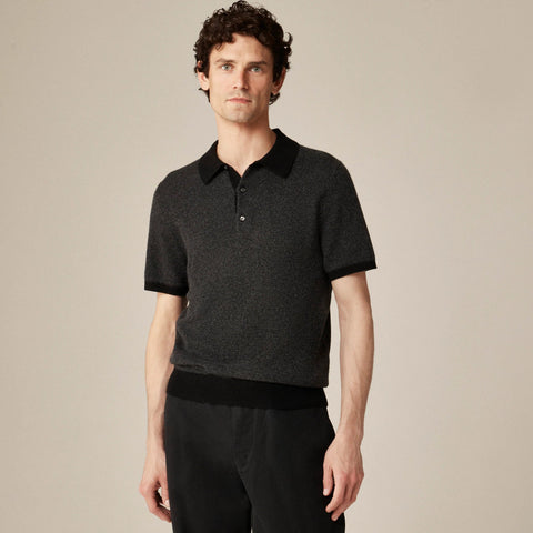 Short-sleeve cashmere sweater-polo in bird's-eye