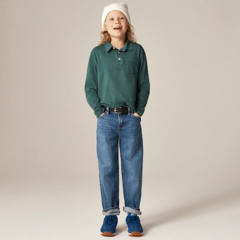 Kids' garment-dyed long-sleeve polo shirt in broken-in-jersey
