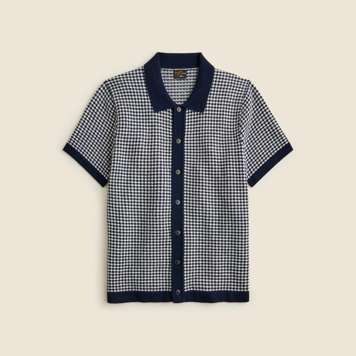 Short-sleeve cashmere cardigan sweater-polo in houndstooth