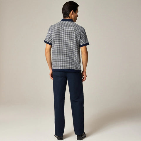 Short-sleeve cashmere cardigan sweater-polo in houndstooth