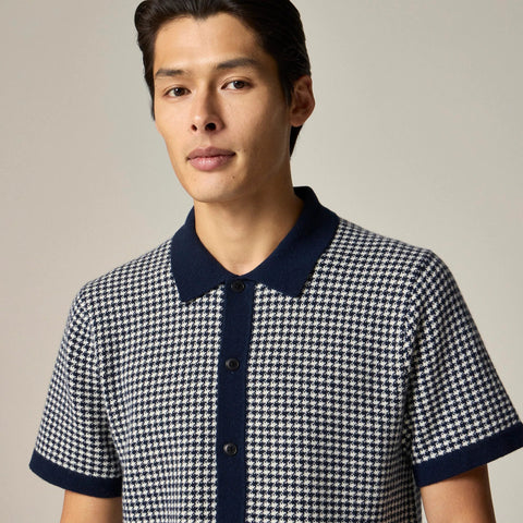 Short-sleeve cashmere cardigan sweater-polo in houndstooth