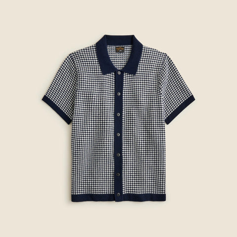 Short-sleeve cashmere cardigan sweater-polo in houndstooth