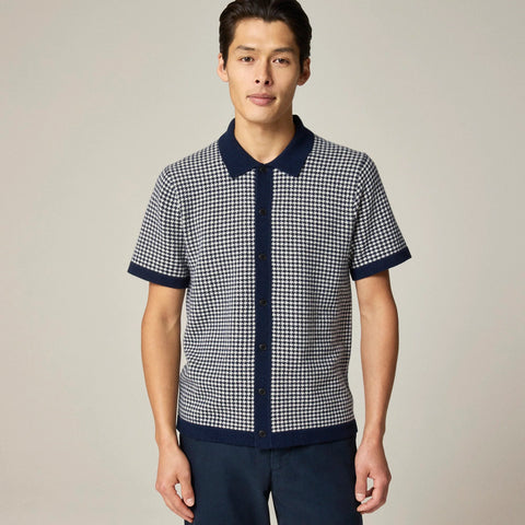 Short-sleeve cashmere cardigan sweater-polo in houndstooth