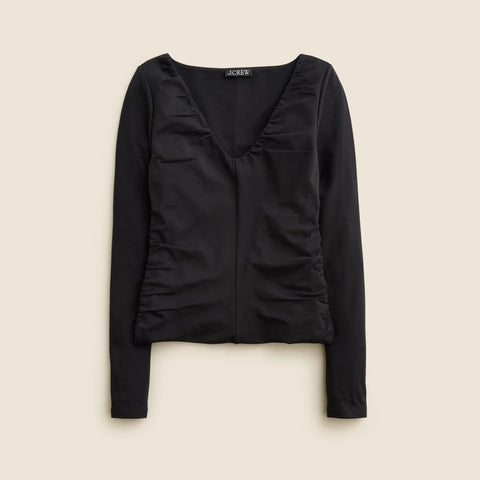 Stretch cotton-blend ruched V-neck top