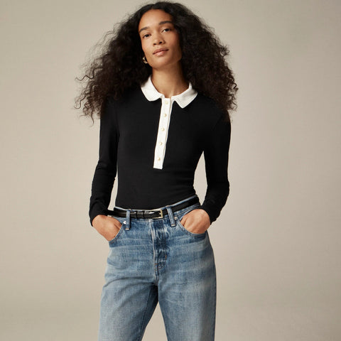 Refined rib long-sleeve polo shirt