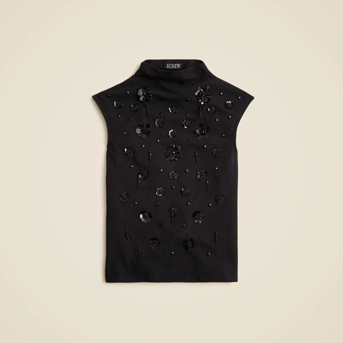 Stretch cotton-blend mockneck with floral embellishment