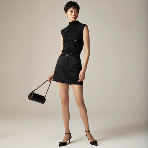 Stretch cotton-blend mockneck with floral embellishment