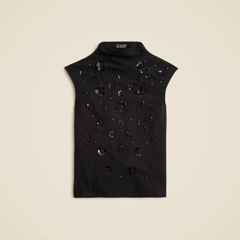 Stretch cotton-blend mockneck with floral embellishment