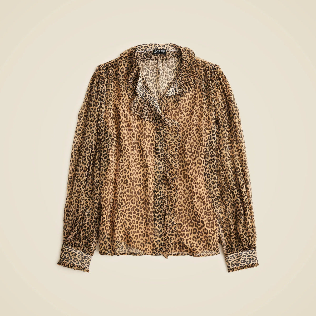 Ruffle button-up shirt in leopard-print crinkle chiffon