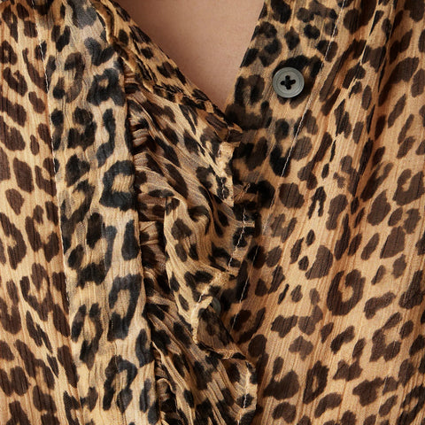 Ruffle button-up shirt in leopard-print crinkle chiffon