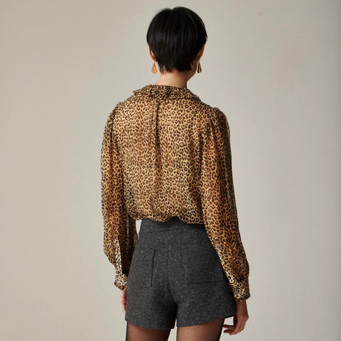 Ruffle button-up shirt in leopard-print crinkle chiffon