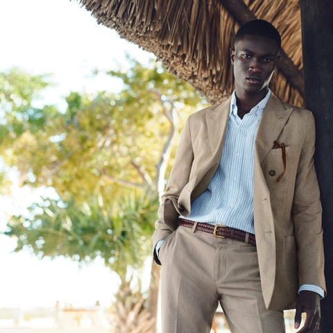 Ludlow Slim-fit double-breasted suit jacket in Irish cotton-linen blend