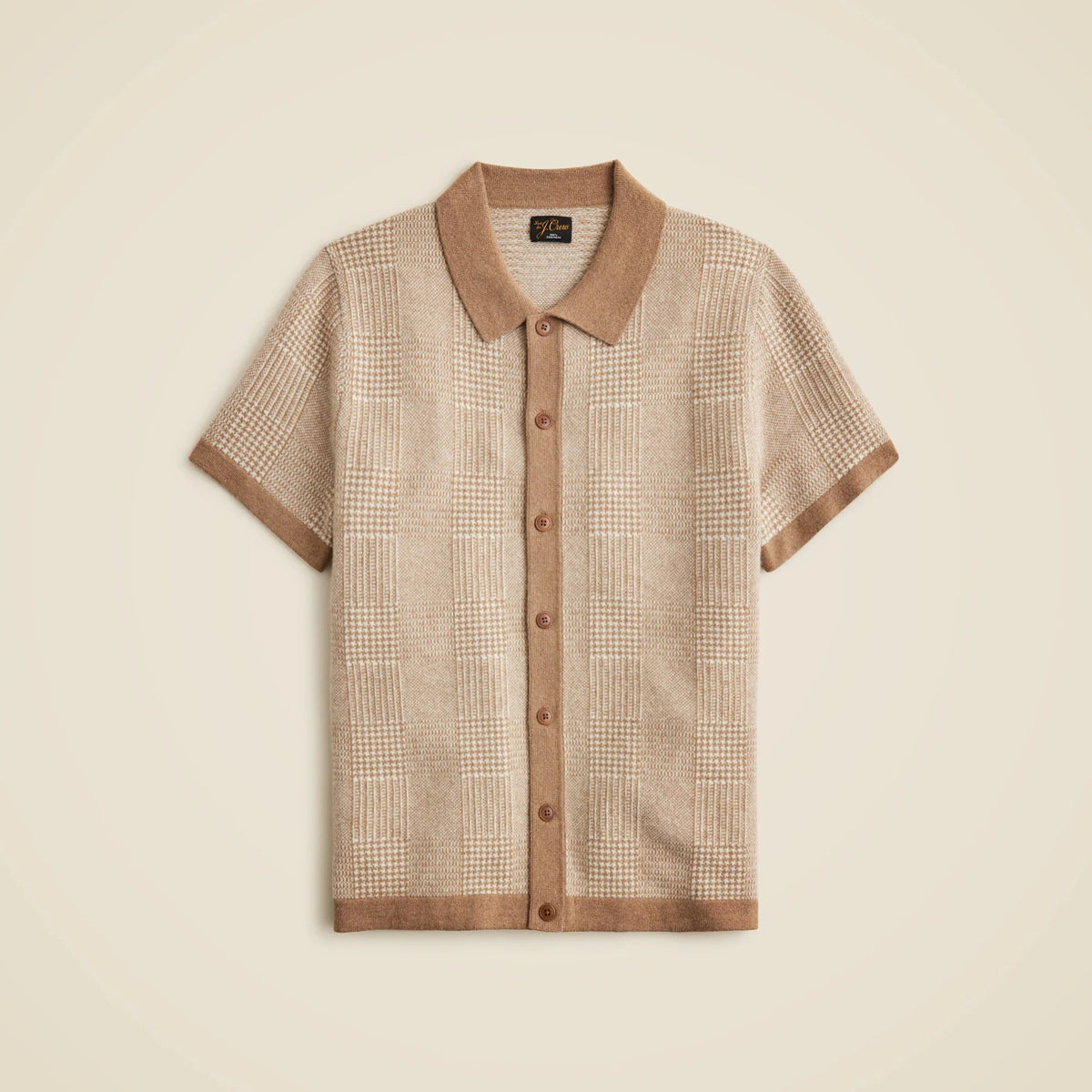 Short-sleeve cashmere cardigan sweater-polo in glen plaid