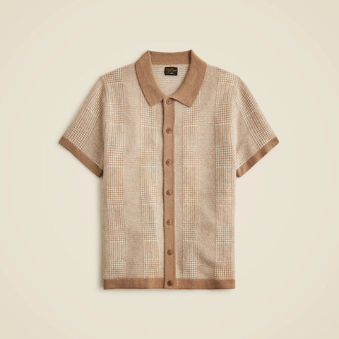 Short-sleeve cashmere cardigan sweater-polo in glen plaid