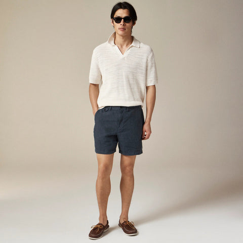 Short-sleeve linen-cotton blend johnny-collar sweater-polo
